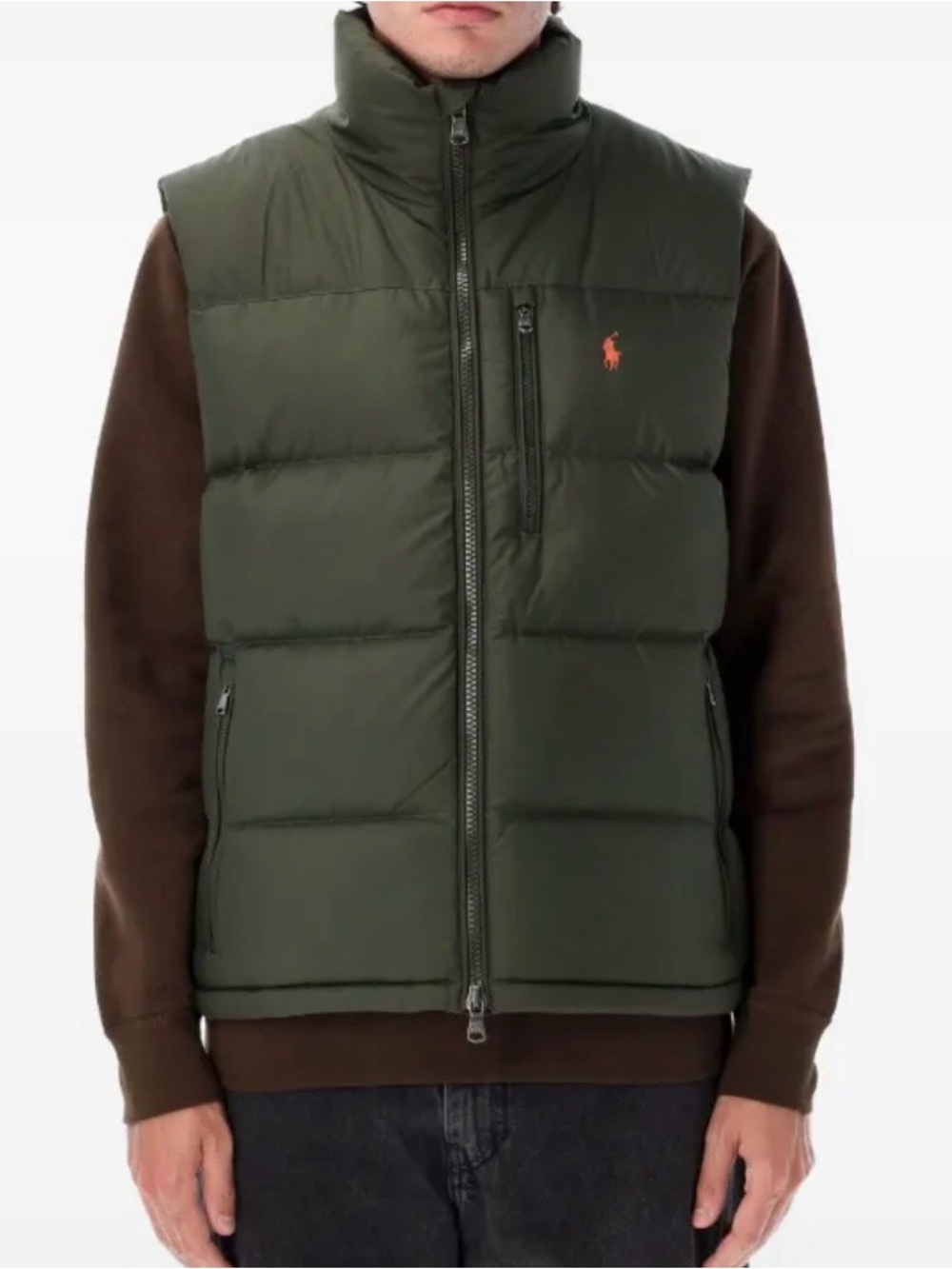 Ralph Lauren Olive Green Quilted Puffer Vest with Orange Pony